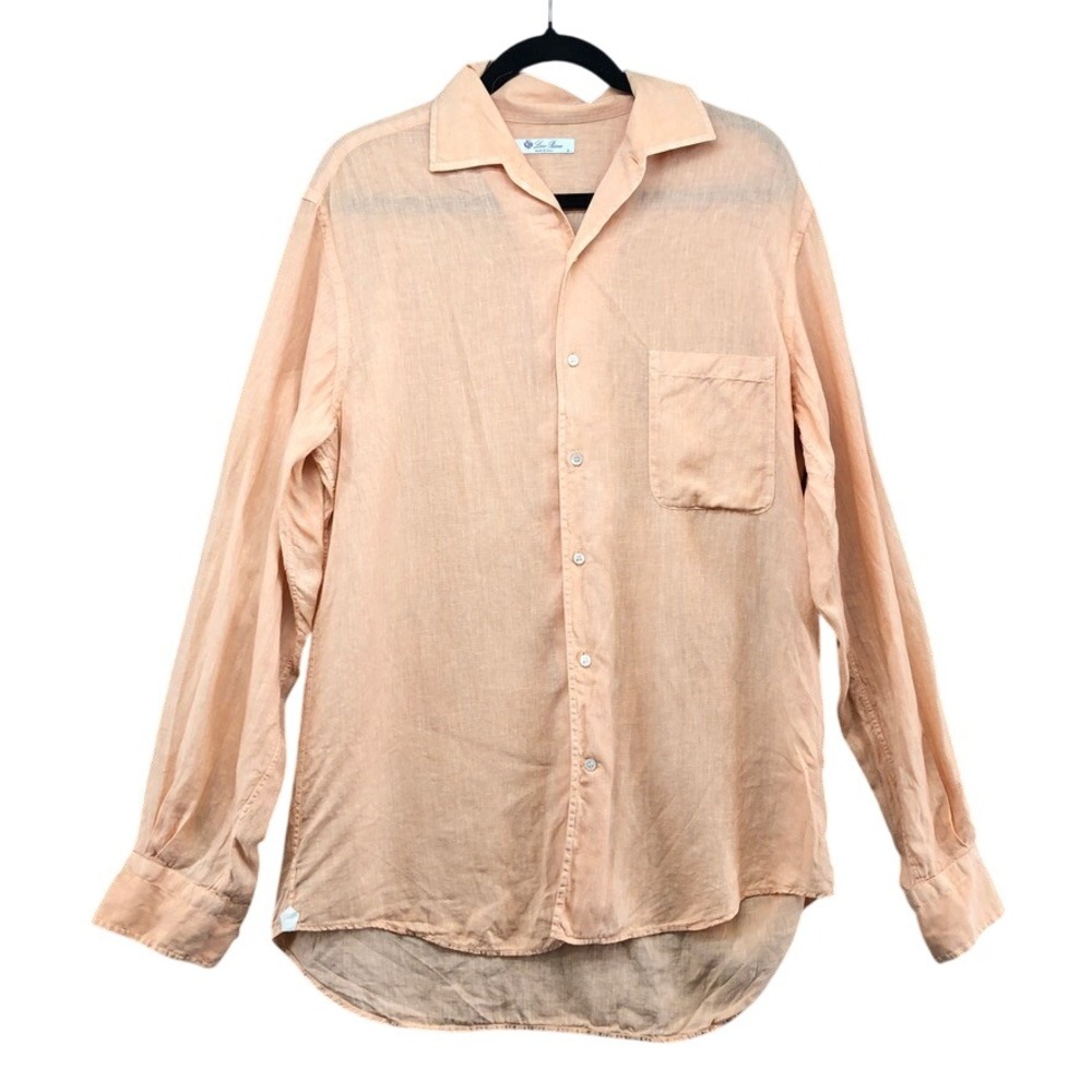 Loro Piana Button Down Mens Medium Peach 100% Linen Long Sleeve Made in Italy